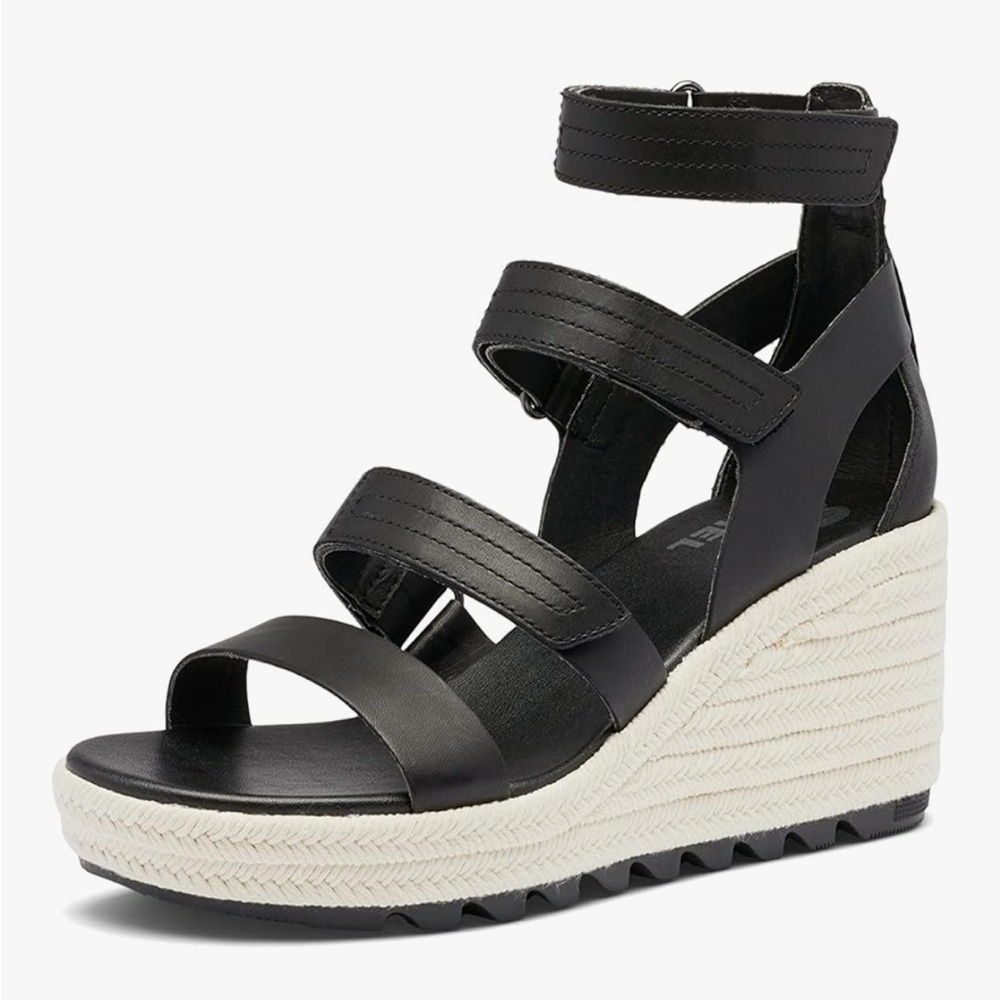 Sorel Black Leather Espadrille Wedge Sandals with Cream Rope Sole - Picture 8 of 11